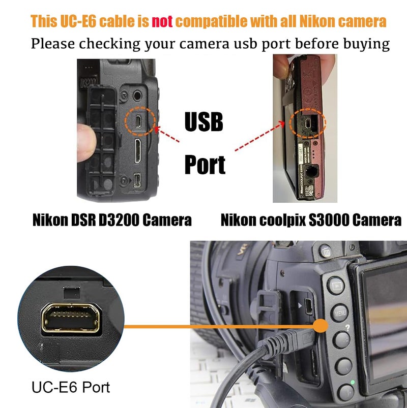 AlyKets USB 2.0 Cable Replacement UC-E6 Data Photo Transfer Cord for Nikon DSLR SLR Camera D3300 D750 D5300 D7200 D3200, Coolpix B500 L340 L32 L29 L31 A10 A300 A100 Camera Cable (5Ft) - Image 2